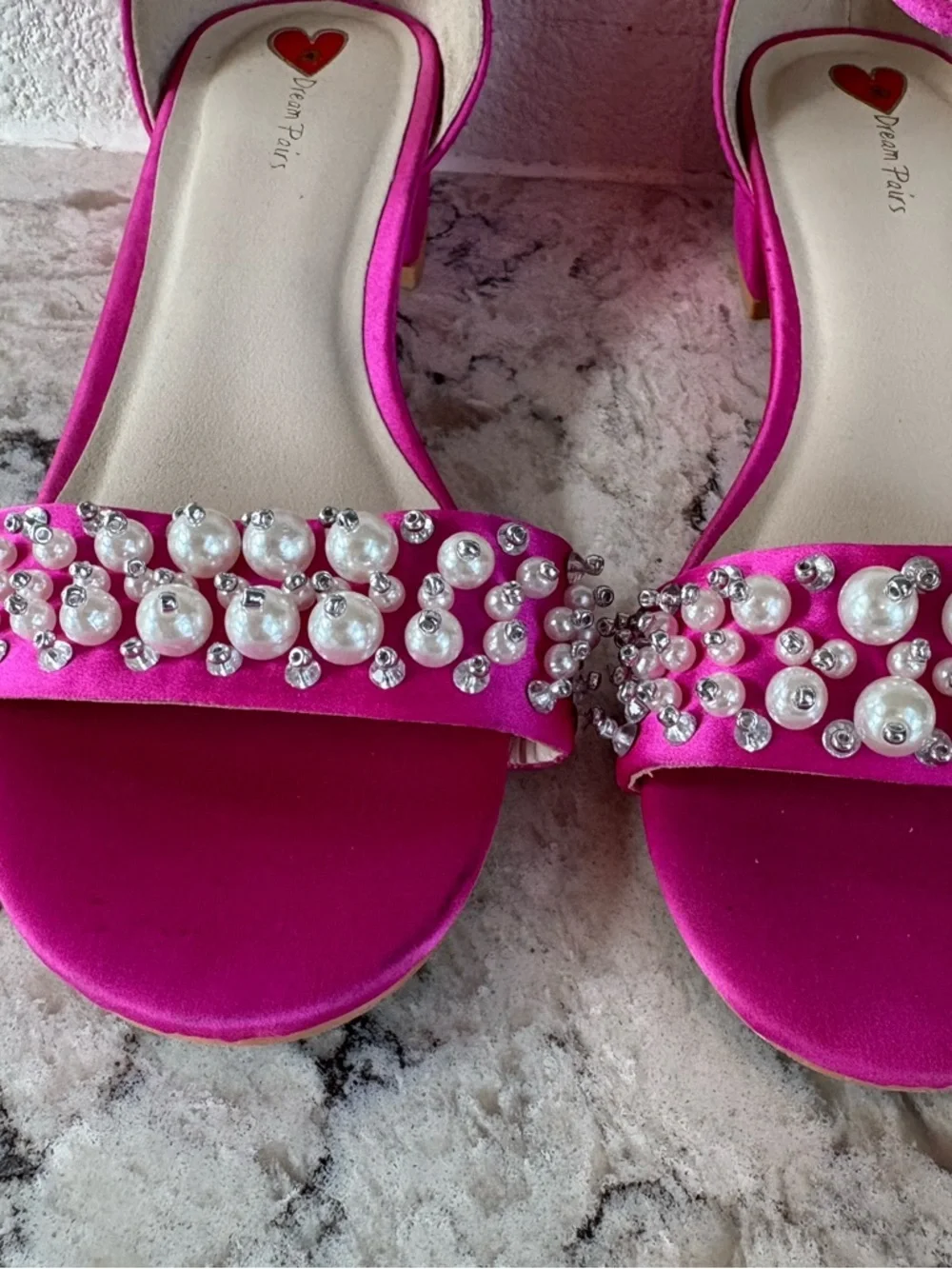 Dream Pairs Fuchsia Pearl & Rhinestone Block Heel Sandals